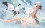  azur_lane bare_back barefoot bird closed_mouth cloud cloudy_sky crane_(animal) dress eyeliner feet grey_eyes grey_hair highres long_hair looking_at_viewer makeup mitarashi_(mita) official_alternate_costume one_side_up parted_bangs red_eyeliner reflection shoukaku_(azur_lane) shoukaku_(the_crane_that_dances_with_the_wind)_(azur_lane) sky smile water wet wet_clothes wet_dress white_dress white_hair 