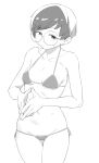  1girl alternate_costume bare_arms bikini blush breasts closed_mouth collarbone commentary_request cowboy_shot frown glasses greyscale half-closed_eyes highres looking_down makino_harumaki monochrome multicolored_hair navel own_hands_together penny_(pokemon) pokemon pokemon_(game) pokemon_sv round_eyewear short_hair side-tie_bikini_bottom small_breasts solo sweatdrop swimsuit two-tone_hair 