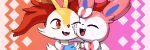  1girl :3 animal_ear_fluff animal_ears animal_nose body_fur bow bowtie braixen cheek-to-cheek cheek_press commentary english_commentary fangs fox_ears fox_girl furry furry_female gradient_background hair_bow happy heads_together looking_at_another looking_to_the_side one_eye_closed open_mouth orange_background pink_background pink_bow pink_bowtie pixel_art pokemon pokemon_(creature) portrait red_eyes ribbon smile sylveon two-tone_background two-tone_fur white_fur white_ribbon wisgarus yellow_fur 