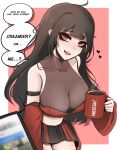  1girl absurdres ahoge arm_strap artist_name black_eyeshadow black_skirt blurry blurry_foreground breasts brown_hair coffee_cup covered_collarbone crop_top cup disposable_cup english_text eyeshadow heart highres holding holding_cup large_breasts long_hair looking_at_viewer makeup mikuneki original red_eyes red_skirt see-through_cleavage shadow skirt solo speech_bubble sweat two-tone_skirt 