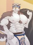  abs absurd_res accessory anthro belt blush bottomwear bulge canid canine canis clothing fur grey_body grey_fur headband hi_res horkeu_kamui_(tas) jaguk9481 lifewonders loincloth male mammal muscular muscular_anthro muscular_male nipples pecs solo tokyo_afterschool_summoners wolf 