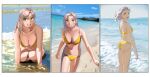  1girl absurdres antenna_hair ass beach bikini blue_sky breasts cleavage collarbone day footprints green_eyes highres holding holding_hair horizon kantai_collection kinugasa_(kancolle) kinugasa_kai_ni_(kancolle) kneeling large_breasts looking_at_viewer looking_back medium_breasts multiple_views navel ocean ojipon outdoors sky swimsuit waves yellow_bikini 