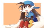  aka_muffler_yamato ambiguous_species black_fur blue_headwear blue_shirt blush fang fluffy gloves kaze_no_klonoa klonoa open_mouth pac-man red_footwear shirt simple_background yellow_eyes yellow_gloves 