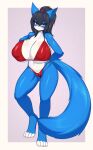  anthro big_breasts bikini black_hair blue_body blue_eyes blue_fur blush breasts camel_toe canid canine cleavage clothed clothing female fox fur hair hi_res huge_breasts looking_at_viewer mammal navel smile solo standing swimwear tail tailzkim thick_thighs unknown_character white_body white_fur 
