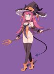  1girl bare_shoulders bell black_choker black_thighhighs blade_(galaxist) blue_eyes blush brown_headwear choker closed_mouth demon_tail elizabeth_bathory_(fate) elizabeth_bathory_(fate/extra_ccc) fate/grand_order fate_(series) finger_cots flat_chest full_body hat highleg highleg_leotard highres holding horn_ornament horns horns_through_headwear jingle_bell leotard long_hair looking_at_viewer neck_bell pink_hair pointy_ears pointy_footwear purple_background simple_background skindentation solo standing strapless strapless_leotard tail thighhighs two_side_up witch_hat 