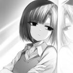  1girl absurdres blunt_bangs breasts crossed_arms eki_doki expressionless greyscale highres monochrome original reflection short_hair solo vest 