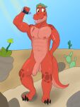  abs anthro balls baseball_cap biceps bottle clothing container desert dinosaur feet foreskin genitals hat hat_only headgear headgear_only headwear headwear_only hi_res male mostly_nude nipples outside partially_retracted_foreskin penis red_body reed_(tobythederg) reptile scalie solo tail theropod tobythederg tyrannosaurid tyrannosaurus tyrannosaurus_rex water_bottle 