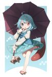  1girl ahoge aqua_hair aqua_skirt barefoot blue_eyes blue_vest blush cloneko_(zelmeledf2) collared_shirt full_body geta heterochromia highres karakasa_obake long_sleeves red_eyes shirt short_hair skirt sleeve_garter solo tatara_kogasa tongue tongue_out touhou umbrella vest white_shirt 