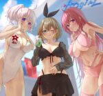  3girls :o :q absurdres ahoge aogiri_koukou aqua_eyes armpits bikini bikini_skirt black_bikini black_ribbon blurry blurry_background blush breasts brown_hair casual_one-piece_swimsuit cleavage closed_mouth cloud collarbone covered_navel cup day detached_sleeves drink finger_to_mouth gabu_rielu hair_between_eyes hair_ribbon hand_on_own_hip hands_on_own_face heart heart-shaped_pupils highres holding holding_cup index_finger_raised kkix25 kurikoma_komaru large_breasts long_hair looking_at_viewer multiple_girls navel one-piece_swimsuit one_eye_closed ooshiro_mashiro outdoors pink_hair pink_thighhighs ponytail purple_eyes ribbon see-through see-through_sleeves short_hair shushing sideboob smile stomach swimsuit symbol-shaped_pupils thighhighs thighs tongue tongue_out virtual_youtuber wet white_hair white_one-piece_swimsuit 