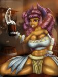  abs alcohol beverage bottomwear breast_squish breasts clothing drunk female half-dragon hi_res horn humanoid hybrid loincloth ruanshi scales solo squish substance_intoxication tavern 