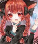  1girl :d animal_ears black_bow black_dress bow braid cat_ears commentary dress fang fingernails flat_chest frills gradient_background grey_background hair_bow hair_ribbon hands_up kaenbyou_rin light_blush long_hair long_sleeves looking_at_viewer marker_(medium) open_mouth red_eyes red_hair ribbon simple_background skin_fang smile solo straight-on touhou traditional_media tress_ribbon twin_braids upper_body v_over_mouth yuuki_hana_(jtnp5334) 