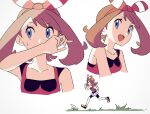  1girl :d blue_eyes bow_hairband brown_hair collarbone commentary_request eyelashes grass hairband hand_up highres may_(pokemon) medium_hair multiple_views open_mouth pokemon pokemon_(game) pokemon_oras red_hairband rii_(mrhc7482) shirt sideways_glance sleeveless sleeveless_shirt smile sweatdrop white_background 