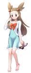  1girl barefoot bow brown_eyes brown_hair closed_mouth dress eyelashes full_body green_dress hair_bobbles hair_ornament hand_up holding holding_clothes holding_footwear jacket jasmine_(pokemon) knees long_hair pokemon pokemon_(game) pokemon_hgss saitou_teikoku simple_background sleeves_past_elbows smile solo toes two_side_up white_background white_jacket 