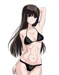  1girl abs arm_behind_head arm_up armpits ass_visible_through_thighs bikini black_bikini black_eyes black_hair blunt_bangs breasts closed_mouth commentary cowboy_shot girls_und_panzer groin half-closed_eyes halterneck large_breasts light_frown long_hair looking_at_viewer mal_(malmlamal) nishizumi_shiho simple_background solo standing straight_hair swimsuit thigh_gap white_background 