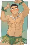  1boy abs amaimao arms_up bara blush bracelet cowboy_shot dancing frown highres jewelry large_pectorals loincloth male_focus muscular muscular_male navel navel_hair necklace nipples original pectorals pubic_hair pubic_hair_peek raised_eyebrows short_hair shy solo thick_thighs thighs tooth_necklace tribal 