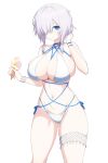  1girl asamura_hiori ass_visible_through_thighs azur_lane bare_shoulders bikini blue_choker blue_eyes breasts choker cleavage closed_mouth collarbone commentary_request cowboy_shot dead_or_alive dead_or_alive_xtreme food hair_between_eyes hair_ribbon hand_up highres holding_ice_cream ice_cream large_breasts looking_at_viewer luna_(doa) navel o-ring o-ring_bikini official_alternate_costume ribbon short_hair short_hair_with_long_locks side-tie_bikini_bottom sidelocks simple_background skindentation solo standing stomach swimsuit thighlet tress_ribbon white_background white_bikini white_hair wristband wristlet 