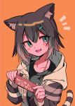  1girl animal_ear_fluff animal_ears black_shirt blue_eyes blush_stickers brown_hair cat_ears cat_girl cat_tail collarbone colored_tips commentary fish_hair_ornament fumino_tamaki fumino_tamaki_(1st_costume) hair_ornament hands_up head_tilt highres hood hood_down hoodie long_sleeves looking_at_viewer menma_(enaic31) multicolored_hair nijisanji notice_lines open_clothes open_hoodie orange_background shirt short_hair sign sign_around_neck simple_background solo t-shirt tail twitter_username upper_body virtual_youtuber 