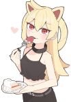  +_+ 1girl animal_ears bare_arms bare_shoulders belt black_nails black_shirt blonde_hair breasts cake cake_slice camisole cat_ears collar food fork halo hand_up heart highres holding holding_fork holding_plate kamo_(kamonabe_44) long_hair looking_at_viewer midriff nayu_(tensai_majo_no_maryoku_kare) plate red_eyes shirt simple_background small_breasts solo tensai_majo_no_maryoku_kare upper_body white_background 