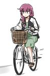  1girl bicycle bicycle_basket black_bow black_jacket bocchi_the_rock! bow braid dress gloom_(expression) green_dress hair_bow hiroi_kikuri jacket long_hair multicolored_clothes multicolored_jacket open_clothes open_jacket purple_hair riding riding_bicycle simple_background single_braid solo torako_(toramaru) two-tone_jacket white_background white_jacket 