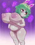  2023 anthro belly big_breasts breasts bulletcap female green_hair grey_body hair hi_res holding_breast huge_breasts league_of_legends looking_away mammal nipples nude portrait pubes red_eyes riot_games short_stack slightly_chubby solo standing three-quarter_portrait vex_(lol) yordle 