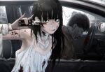  1boy 1girl absurdres bags_under_eyes bandaged_arm bandaged_neck bandages bare_shoulders black_eyes black_hair blood blood_on_arm blood_on_clothes blood_on_face blurry blurry_background broken_window car commentary corpse deuljjugnaljjug glass_shards highres holding long_hair looking_at_viewer motor_vehicle original rotting shears slit_throat steering_wheel tongue tongue_out torn_clothes zombie 