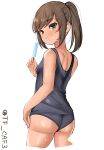  1girl ass back blue_one-piece_swimsuit breasts brown_eyes brown_hair food i-401_(kancolle) kantai_collection looking_at_viewer one-piece_swimsuit one-piece_tan ponytail popsicle school_swimsuit short_ponytail small_breasts solo swimsuit tan tanlines tf_cafe twitter_username white_background 
