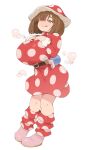  1girl belt boku_no_hero_academia breasts brown_hair closed_mouth dockra dress full_body hair_over_one_eye hat huge_breasts komori_kinoko licking_lips medium_hair mushroom_hat polka_dot polka_dot_dress red_dress red_headwear simple_background solo tongue tongue_out white_background 