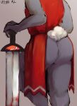  anthro big_butt bovid butt butt_focus caprine clothing colored_sketch cult_of_the_lamb curled_tail fur grey_body grey_fur hi_res lamb_(cult_of_the_lamb) male mammal melee_weapon red_clothing sheep short_tail sketch solo sword tail udjina weapon white_tail 