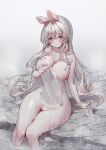  1girl animal_ears arm_support blush breasts closed_mouth covering crossed_bangs dated furrowed_brow grey_hair holding holding_towel large_breasts long_hair looking_at_viewer naked_towel nude nude_cover original pink_eyes rabbit_ears rabbit_girl rain shiro_albino sitting soaking_feet solo towel twitter_username very_long_hair water_drop wet white_towel 