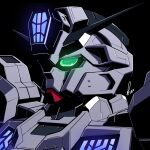  absurdres alex_(apdoodles) black_background calibarn dated glowing glowing_eye green_eyes gundam gundam_suisei_no_majo highres mecha mobile_suit no_humans portrait robot science_fiction signature simple_background solo v-fin 