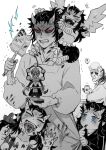  5boys ? absurdres aizetsu_(kimetsu_no_yaiba) anger_vein angry apron bald blank_eyes blue_eyes blue_sclera body_writing carrying character_doll child claws clenched_teeth clothes_grab colored_sclera cup demon_boy dirty dirty_clothes dirty_face dirty_hands drooling duster egyuuu fang fangs figure finger_to_mouth folded_ponytail food green_eyes hair_up half-closed_eyes hand_up handprint hands_on_another&#039;s_head hands_up hantengu_(kimetsu_no_yaiba) happy harpy_boy heart heart_in_mouth highres holding holding_cup holding_duster holding_food holding_toy horns kappougi karaku_(kimetsu_no_yaiba) kimetsu_no_yaiba laughing long_hair long_sleeves looking_at_another looking_at_viewer looking_to_the_side looking_up male_child monochrome monster_boy multiple_boys nail_polish open_mouth playing pointy_ears red_sclera sekido_(kimetsu_no_yaiba) short_hair shoulder_carry sidelocks simple_background spoken_question_mark spot_color talons tears teeth text_in_mouth tongue tongue_out topless_male toy trembling updo urogi_(kimetsu_no_yaiba) vest wings worried x_navel yellow_eyes yunomi zohakuten_(kimetsu_no_yaiba) 