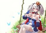  1girl akashiro_yulice azur_lane bird bird_on_hand black_ribbon blue_bird blue_cape blue_dress breasts bug butterfly cape cleavage crossed_legs day detached_sleeves dress grey_hair hair_ribbon highres joffre_(azur_lane) joffre_(ensorcelled_snow_white)_(azur_lane) long_hair looking_at_viewer medium_breasts official_alternate_costume open_mouth outdoors pink_eyes red_cape ribbon scrunchie sitting solo spaghetti_strap swing thighhighs twintails white_thighhighs wrist_scrunchie 