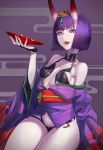  1girl absurdres bare_shoulders bob_cut breasts bridal_gauntlets collarbone cup eyeliner fangs fate/grand_order fate_(series) headpiece highres horns japanese_clothes kimono long_sleeves looking_at_viewer makeup obi oni oni_horns open_mouth purple_eyes purple_hair purple_kimono revealing_clothes sakazuki sash short_hair short_kimono shuten_douji_(fate) skin-covered_horns small_breasts smile solo thighs wakusei-planet wide_sleeves 