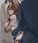  1boy 1girl ass black_neckerchief black_panties blue_sailor_collar blue_skirt blush breasts brown_eyes brown_hair commentary_request cosplay crop_top eckert&amp;eich elbow_gloves gloves hetero highleg highleg_panties highres kantai_collection large_breasts long_hair looking_at_viewer microskirt neckerchief nipples panties penis ponytail sailor_collar sex sex_from_behind shimakaze_(kancolle) shimakaze_(kancolle)_(cosplay) signature silhouette skirt solo_focus striped striped_thighhighs thighhighs thong underwear white_gloves yamato_(kancolle) 