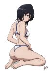  1girl absurdres ass barefoot bikini black_hair bleach breasts english_commentary hair_between_eyes highres kuchiki_rukia looking_at_viewer looking_back mistowing purple_eyes short_hair simple_background small_breasts solo swimsuit thong_bikini white_background white_bikini 