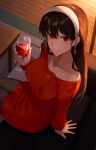  1girl arm_support black_hair black_thighhighs breasts collarbone commentary cup dress drinking_glass earrings from_above hair_between_eyes hairband highres holding holding_cup indoors jewelry long_hair long_sleeves looking_at_viewer nasubin_(nasubisamurai15) off-shoulder_sweater off_shoulder on_chair pantyhose red_dress red_eyes revision sitting smile solo spy_x_family sunlight sweater sweater_dress symbol-only_commentary table thighhighs white_hairband wine_glass yor_briar 