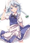  1girl absurdres apron blue_dress blue_eyes blue_hair bow braid dress green_bow hair_bow highres holding holding_knife izayoi_sakuya knife looking_at_viewer maid maid_apron maid_headdress open_mouth saimu_taju shirt solo touhou twin_braids white_apron white_background white_hair white_shirt 