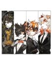  1girl 3boys aak_(arknights) animal_ears arknights black_headwear black_necktie black_suit chinese_commentary dragon_boy from_side furry furry_female furry_male gloves highres horns hung_(arknights) lee_(arknights) looking_at_viewer multicolored_hair multiple_boys mythological_creature necktie one_eye_covered open_mouth pipidan red_necktie round_eyewear scarf shirt single_horn smile suit tiger_ears tiger_girl waai_fu_(arknights) white_background white_shirt yellow_gloves yellow_scarf 