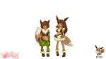  16:9 ambiguous_gender anthro bangs bell bell_collar boots bottomwear brown_body brown_eyes brown_fur brown_hair child clothed clothing collar crop_top dollightful duo eevee eyebrows feral fluffy fluffy_tail footwear fully_clothed fur generation_1_pokemon hair hi_res humanoid_hands long_ears long_hair nintendo pokemon pokemon_(species) shirt shoes short_hair shorts skirt smile socks t-shirt tail topwear watermark widescreen young 