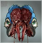  anthro avian beak bird blood blue_body blue_feathers bodily_fluids brain brains corpse death decapitation feathers gore green_eyes hi_res kolkolukija male mouth_shot open_mouth organs solo surgical_operation tongue 