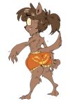  2022 anthro black_eyes bodily_fluids boxers_(clothing) boxers_only brown_body brown_fur brown_hair bubble_butt butt canid canine canis claws clothed clothing digital_drawing_(artwork) digital_media_(artwork) feet fingers fluffy fluffy_tail fur hair hi_res jack-o&#039;-lantern looking_at_viewer looking_back looking_back_at_viewer male mammal mhdrawin ponytail simple_background solo sweat tail toe_claws topless underwear underwear_only wally_(mhdrawin) were werecanid werecanine werewolf white_background wolf yellow_sclera 