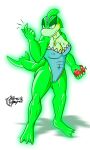  absurd_res anthro apple beckoning camel_toe clothing fan_character female food fruit gesture glowing glowing_body green_body hi_res holding_object jetsam_(neopets) jumpstart_games lendri_mujina muscular muscular_female neopet_(species) neopets nipple_outline one-piece_swimsuit plant ranbina_luz scar solo swimwear 
