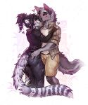  absurd_res anthro black_hair blush canid canine clothed clothing duo f-r95 felid feline female fluffy fluffy_tail fully_clothed fur green_eyes grey_body grey_fur hair hi_res male mammal red_eyes tail white_body white_fur 