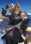  1girl animal_ears arknights bare_shoulders black_dress black_jacket blue_sky braid brown_hair dress extra_ears eyewear_on_head fingerless_gloves gloves highres jacket jacknguyenart mole_above_eye mole_on_forehead motor_vehicle penance_(arknights) photo_background sky solo tail wolf_ears wolf_girl wolf_tail yellow_eyes 