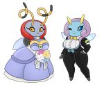  antennae_(anatomy) anthro armwear big_breasts blinking blue_body bottomwear bouquet bow_(feature) breasts clothing dress duo female flower flower_bouquet generation_3_pokemon grey_body handwear hi_res illumise nintendo pants plant pokeball pokemon pokemon_(species) simple_background suit urusee584 volbeat white_background wings yellow_body 