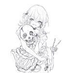  1girl :d bangs choker commentary highres holding looking_at_viewer monochrome open_mouth original puffy_short_sleeves puffy_sleeves sheya short_sleeves simple_background skeleton sketch smile solo v white_background 