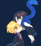  2boys black_coat black_gloves black_hair black_shorts black_vest blonde_hair blue_background blue_scarf chibi closed_eyes coat collared_shirt commentary demian_(limbus_company) gloves kiss kissing_forehead kneeling limbus_company long_sleeves male_focus multiple_boys name_(oiuio) necktie no_mouth no_nose open_clothes open_coat project_moon red_necktie scarf shirt short_hair short_sleeves shorts simple_background sinclair_(limbus_company) single_tear socks symbol-only_commentary vest white_shirt white_socks yellow_eyes 