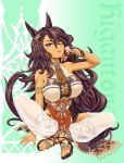  1girl animal_ears anklet armlet bangle bare_shoulders bracelet breasts brown_hair character_name cleavage cleavage_cutout clothing_cutout collarbone commentary dark-skinned_female dark_skin ear_ornament full_body green_eyes head_tilt highres horse_ears horse_girl indian_style jewelry long_hair looking_at_viewer native_american_clothes necklace purple_eyes rigantona_(umamusume) ringed_eyes sandals see-through sitting sleeveless solo tongue tongue_out umajiri_gyuunyuu umamusume very_long_hair 