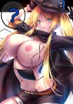  1girl ? akeyama_kitsune arms_up azur_lane bikini black_bikini black_gloves black_headwear black_shorts blonde_hair blush breasts closed_mouth commentary_request commission fingerless_gloves gloves green_eyes hat hornet_(azur_lane) hornet_ii_(azur_lane) large_breasts long_hair long_sleeves navel nipples pixiv_commission shorts smile solo stomach swimsuit twintails 