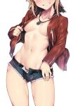  1girl ass_visible_through_thighs blonde_hair blush breasts breasts_apart collarbone contrapposto cowboy_shot cutoffs denim denim_shorts fate/grand_order fate_(series) groin head_out_of_frame jacket jewelry jp06 long_sleeves looking_at_viewer mordred_(fate) mordred_(fate/apocrypha) mordred_(memories_at_trifas)_(fate) navel necklace no_bra open_clothes open_fly open_jacket red_jacket short_hair short_shorts shorts simple_background small_breasts smile solo standing stomach thighs thumb_in_beltline unbuttoned unzipped white_background 